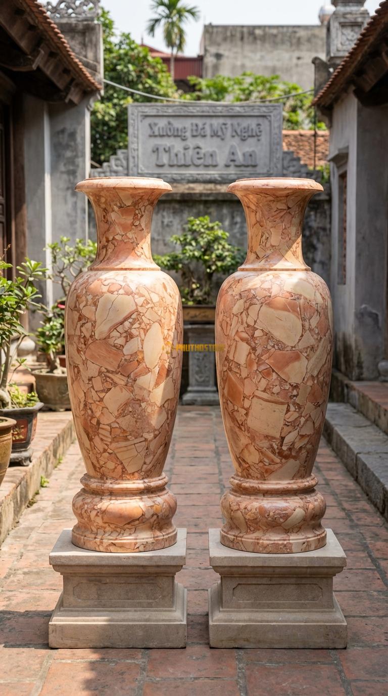 Lục Bình Sơn Thủy Đá Hồng Chọn phôi đá có vân như tranh sơn thủy, mài mờ (honed), Kích thước Cao 1m8 x đường kính 48cm