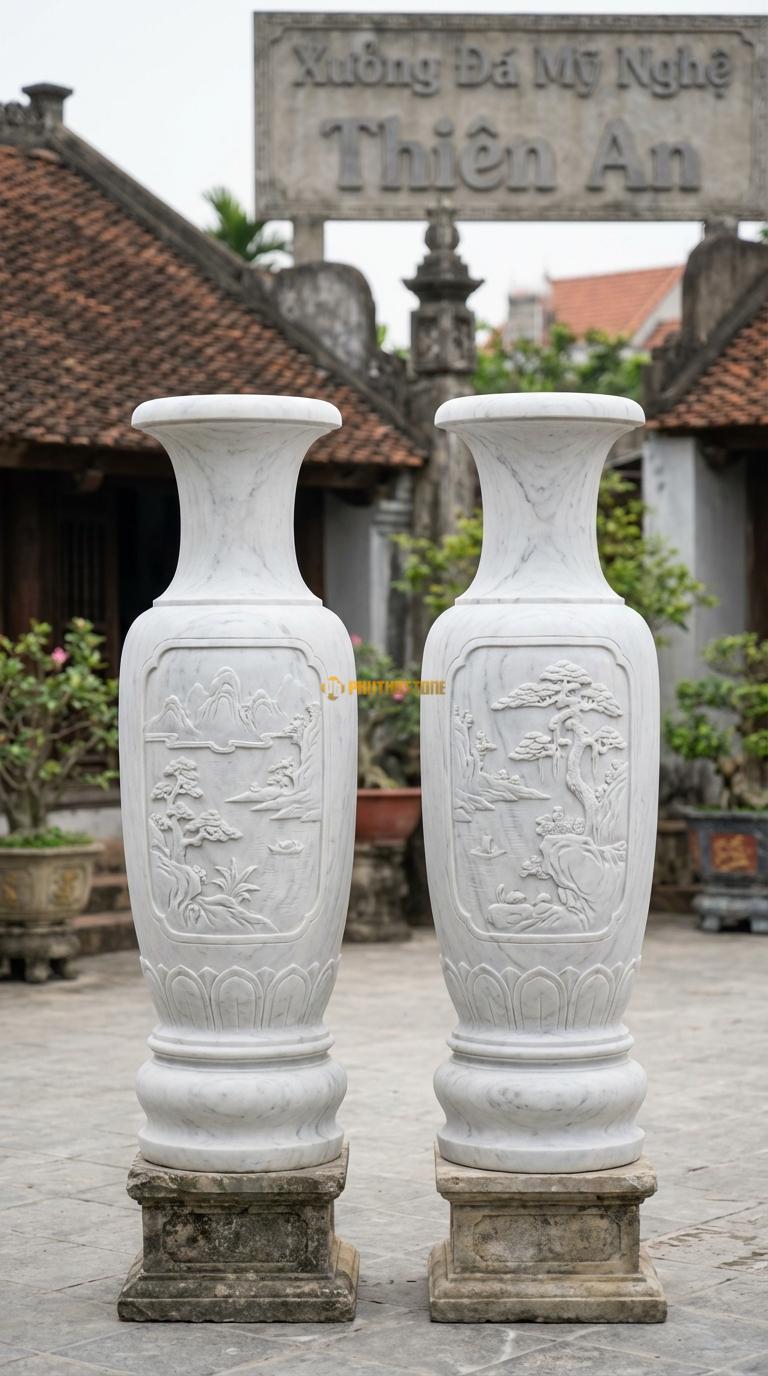 Lục Bình Sơn Thủy Đá Trắng Yên Bái Chọn phôi đá có vân như tranh sơn thủy, mài mờ (honed), Kích thước Cao 1m8 x đường kính 48cm