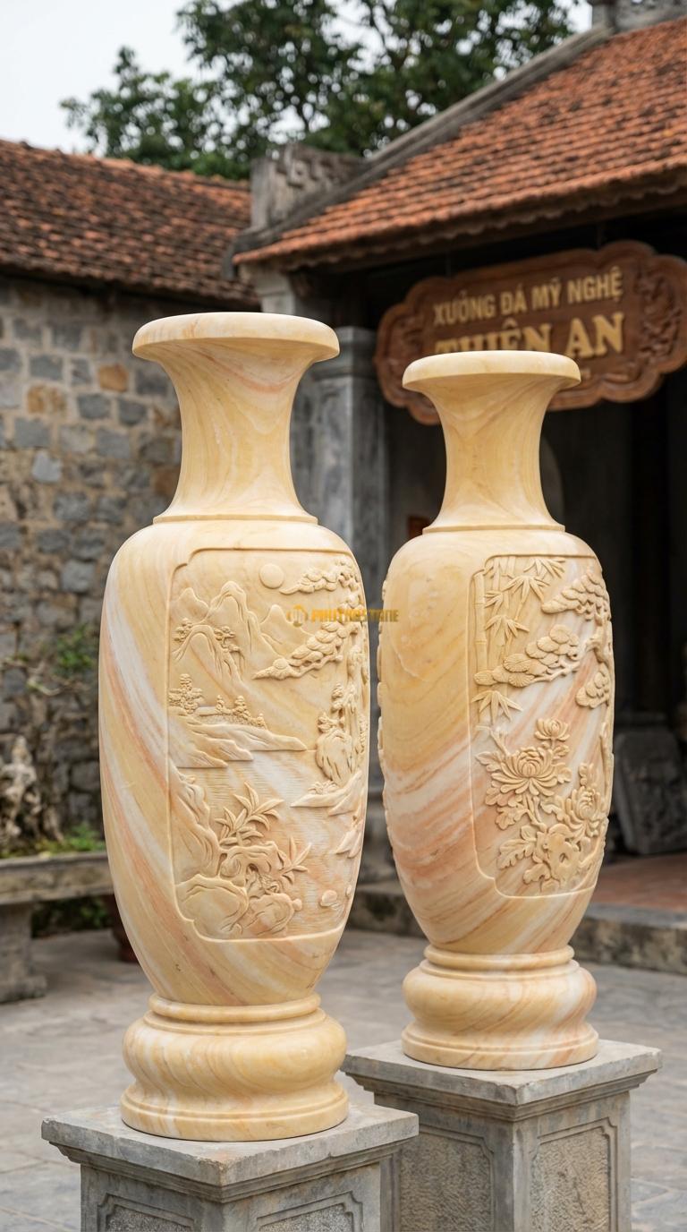 Lục Bình Sơn Thủy Đá Vàng Nghệ An Chọn phôi đá có vân như tranh sơn thủy, mài mờ (honed), Kích thước Cao 1m8 x đường kính 48cm