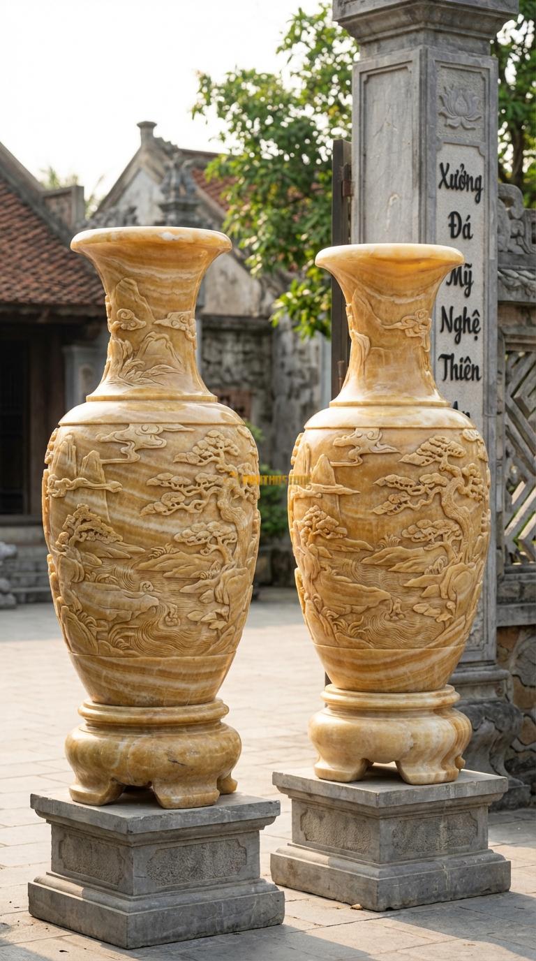Lục Bình Sơn Thủy Ngọc hoàng long Chọn phôi đá có vân như tranh sơn thủy, mài mờ (honed), Kích thước Cao 1m8 x đường kính 48cm