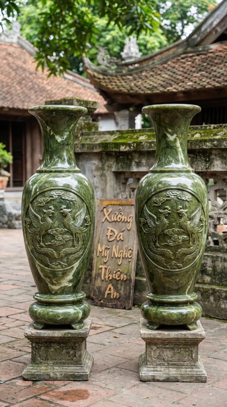 Lục Bình Song Phượng Đá Serpentine Chạm đôi chim phượng hoàng vờn mây, Kích thước Cao 1m3 x đường kính 36cm