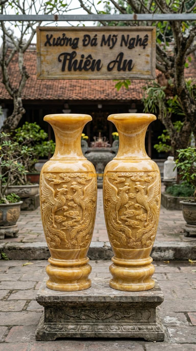 Lục Bình Song Phượng Ngọc hoàng long Chạm đôi chim phượng hoàng vờn mây, Kích thước Cao 1m3 x đường kính 36cm