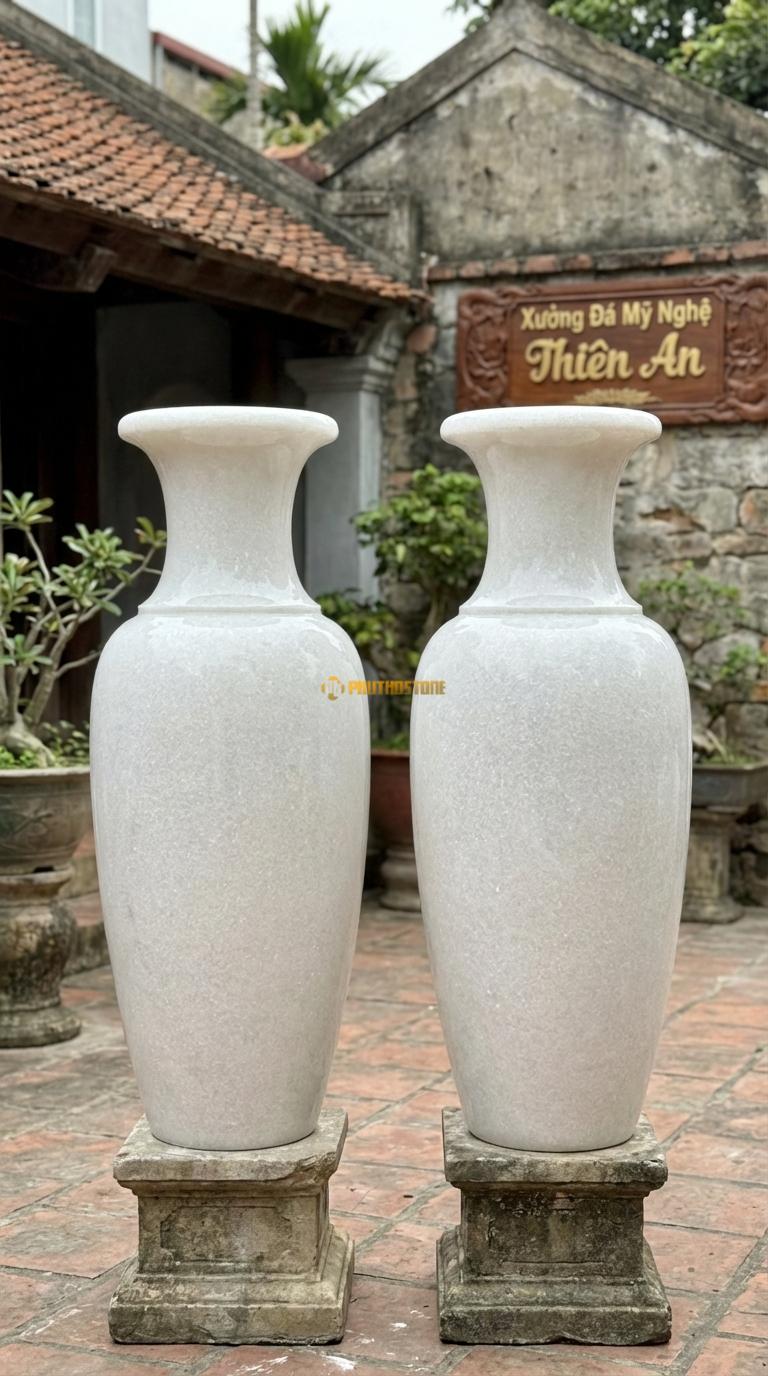 Lục Bình Trơn Dáng Chuẩn Đá Trắng Muối Mài bóng kính toàn thân, vân đá tự nhiên loang đều, Kích thước Cao 1m4 x đường kính 38cm