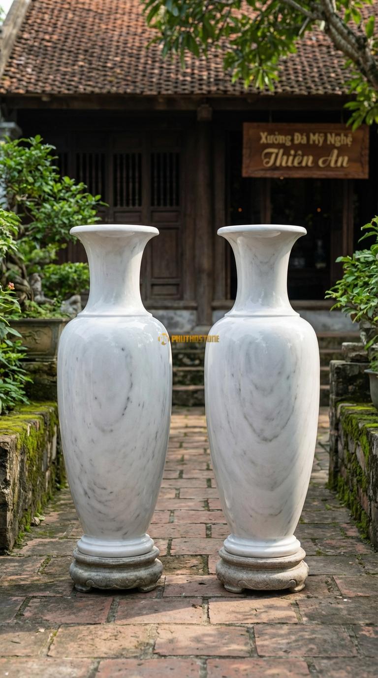 Lục Bình Trơn Dáng Chuẩn Đá Trắng Yên Bái Mài bóng kính toàn thân, vân đá tự nhiên loang đều, Kích thước Cao 1m4 x đường kính 38cm