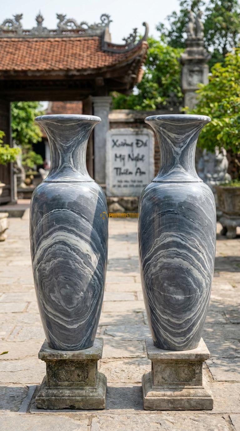Lục Bình Trơn Dáng Chuẩn Đá Vân Mây Mài bóng kính toàn thân, vân đá tự nhiên loang đều, Kích thước Cao 1m4 x đường kính 38cm