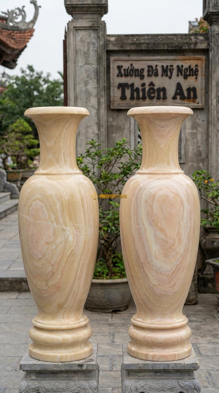 Lục Bình Trơn Dáng Chuẩn Đá Vàng Nghệ An Mài bóng kính toàn thân, vân đá tự nhiên loang đều, Kích thước Cao 1m4 x đường kính 38cm