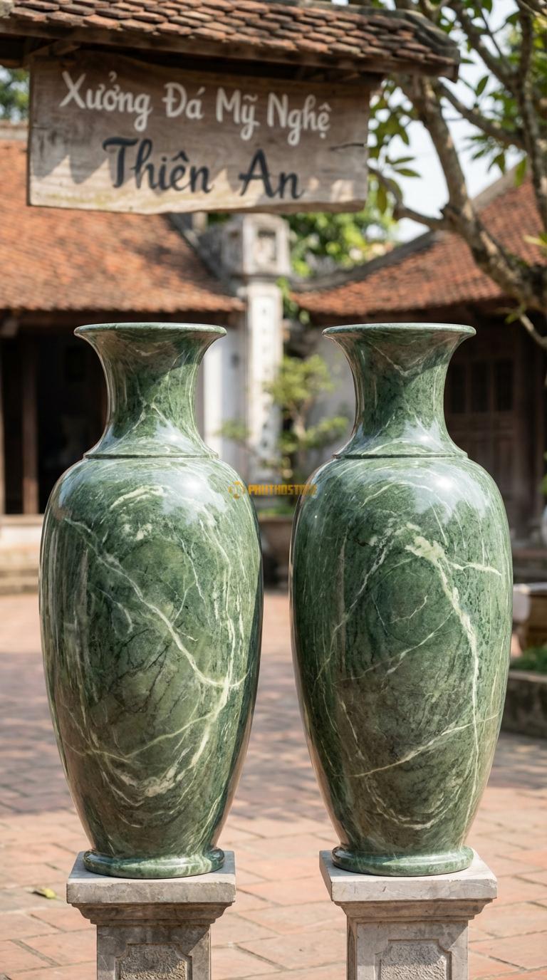 Lục Bình Trơn Dáng Chuẩn Đá Xanh Ấn Mài bóng kính toàn thân, vân đá tự nhiên loang đều, Kích thước Cao 1m4 x đường kính 38cm