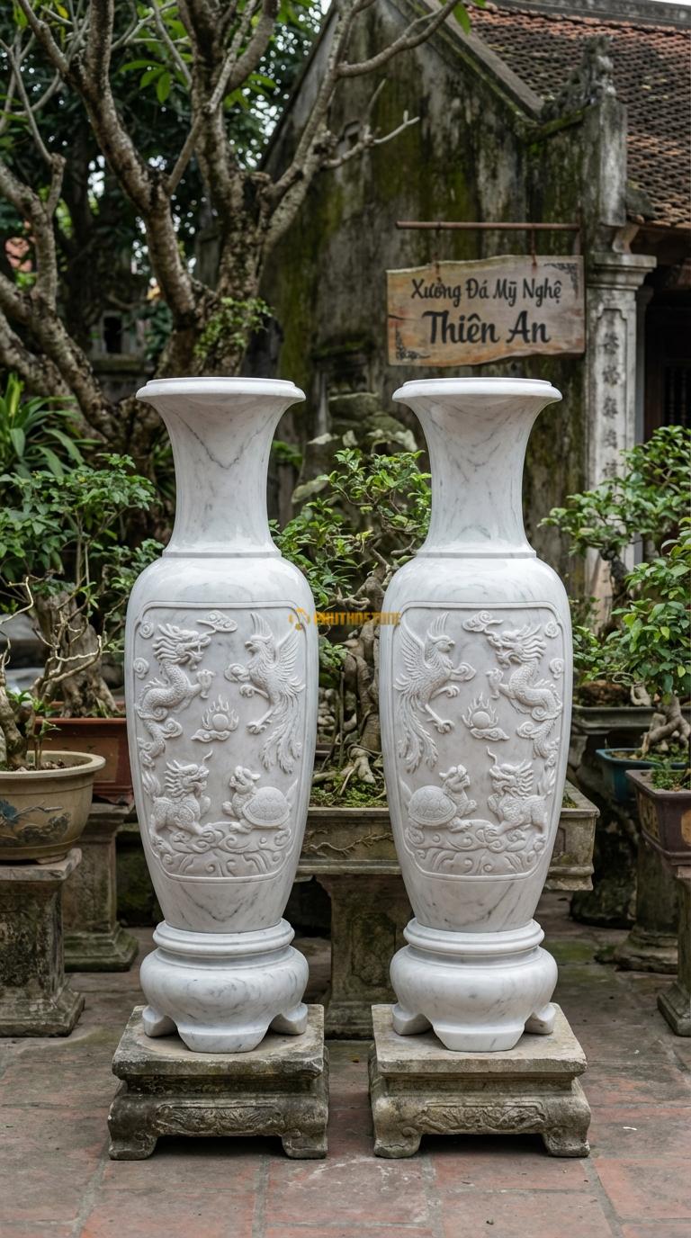 Lục Bình Tứ Linh Đá Trắng Yên Bái Chạm rồng phượng (Long Lân Quy Phụng) uy nghi, Kích thước Cao 1m6 x đường kính 42cm
