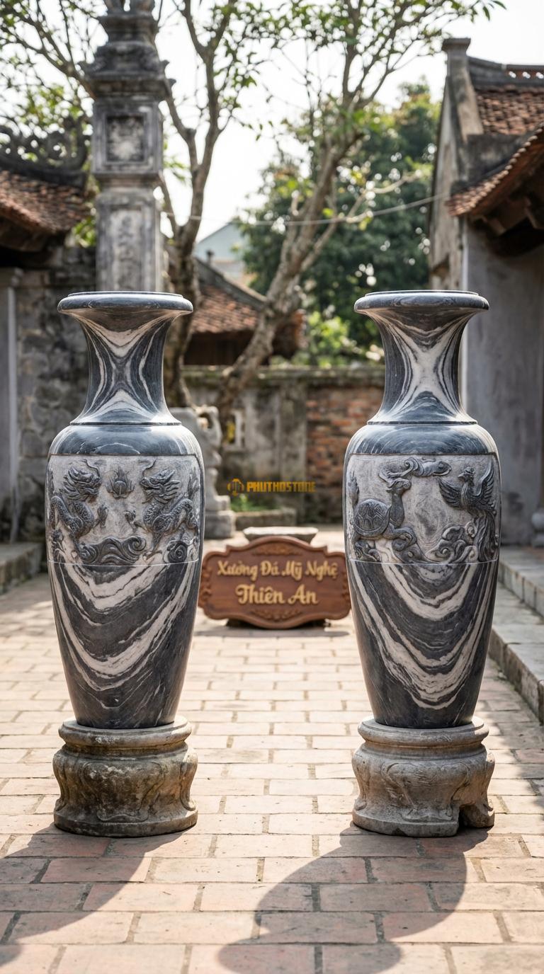 Lục Bình Tứ Linh Đá Vân Mây Chạm rồng phượng (Long Lân Quy Phụng) uy nghi, Kích thước Cao 1m6 x đường kính 42cm