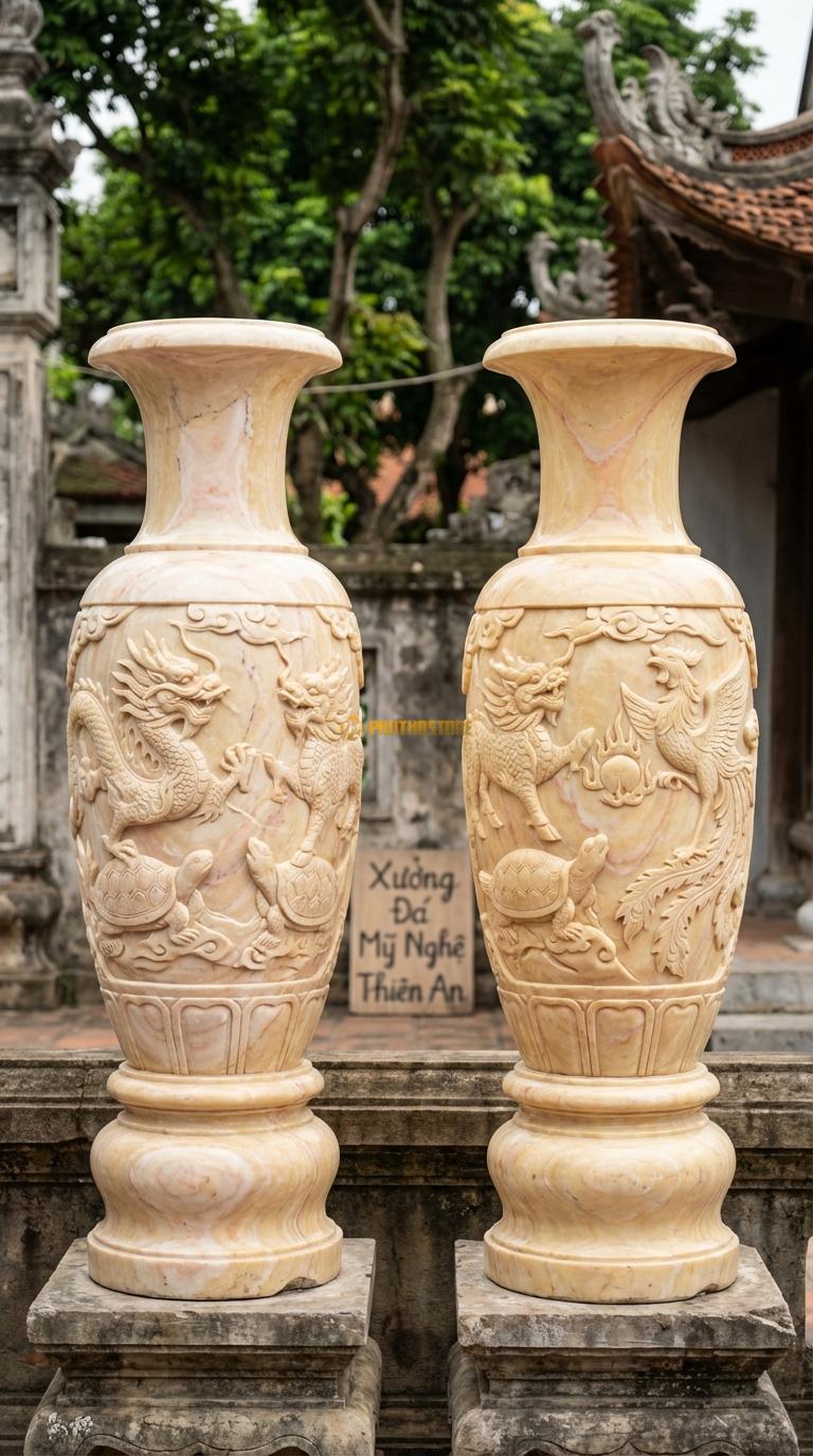 Lục Bình Tứ Linh Đá Vàng Nghệ An Chạm rồng phượng (Long Lân Quy Phụng) uy nghi, Kích thước Cao 1m6 x đường kính 42cm