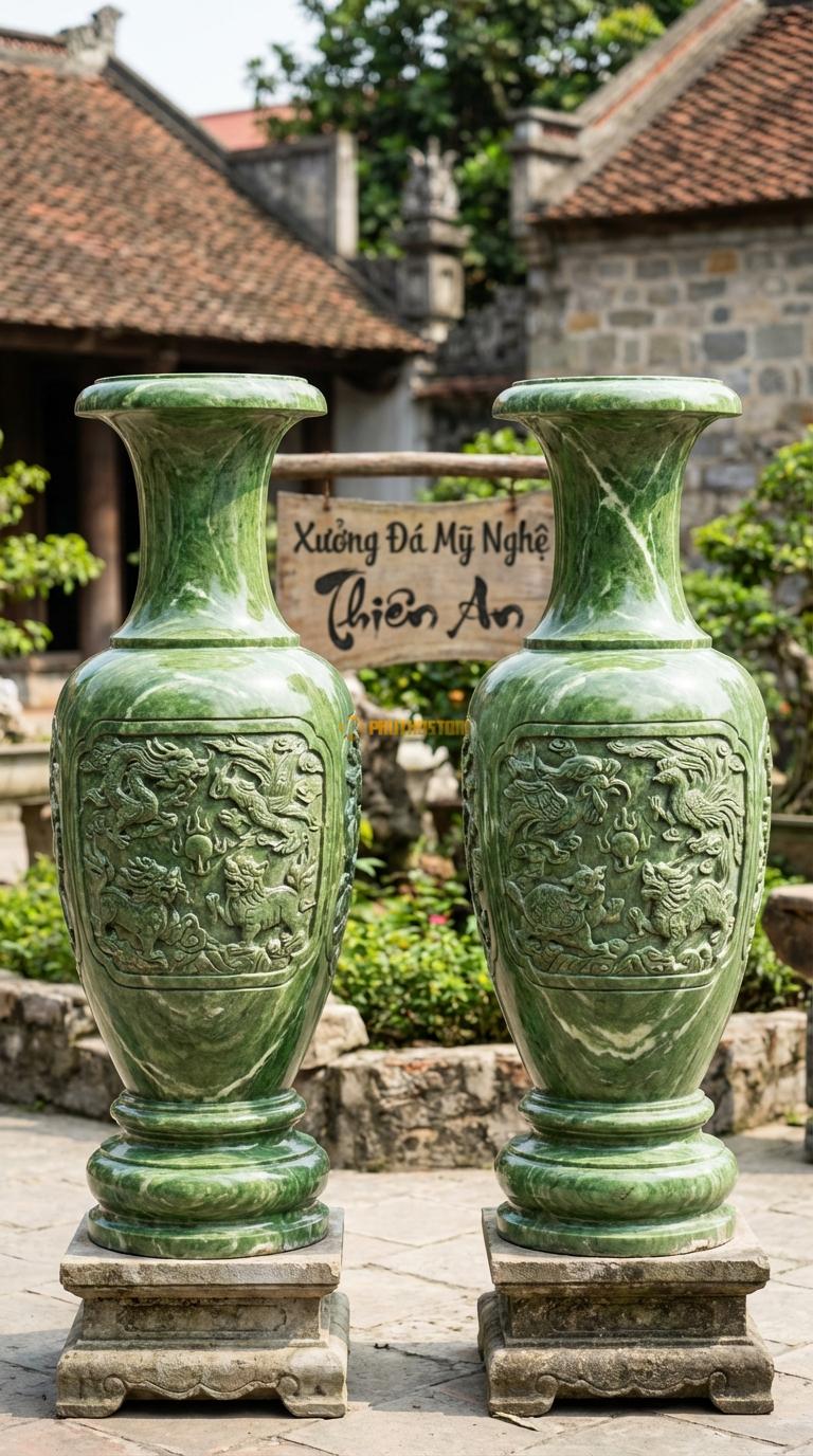 Lục Bình Tứ Linh Đá Xanh Ấn Chạm rồng phượng (Long Lân Quy Phụng) uy nghi, Kích thước Cao 1m6 x đường kính 42cm