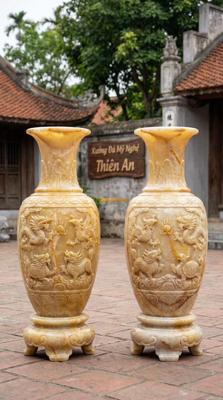 Lục Bình Tứ Linh Ngọc hoàng long Chạm rồng phượng (Long Lân Quy Phụng) uy nghi, Kích thước Cao 1m6 x đường kính 42cm