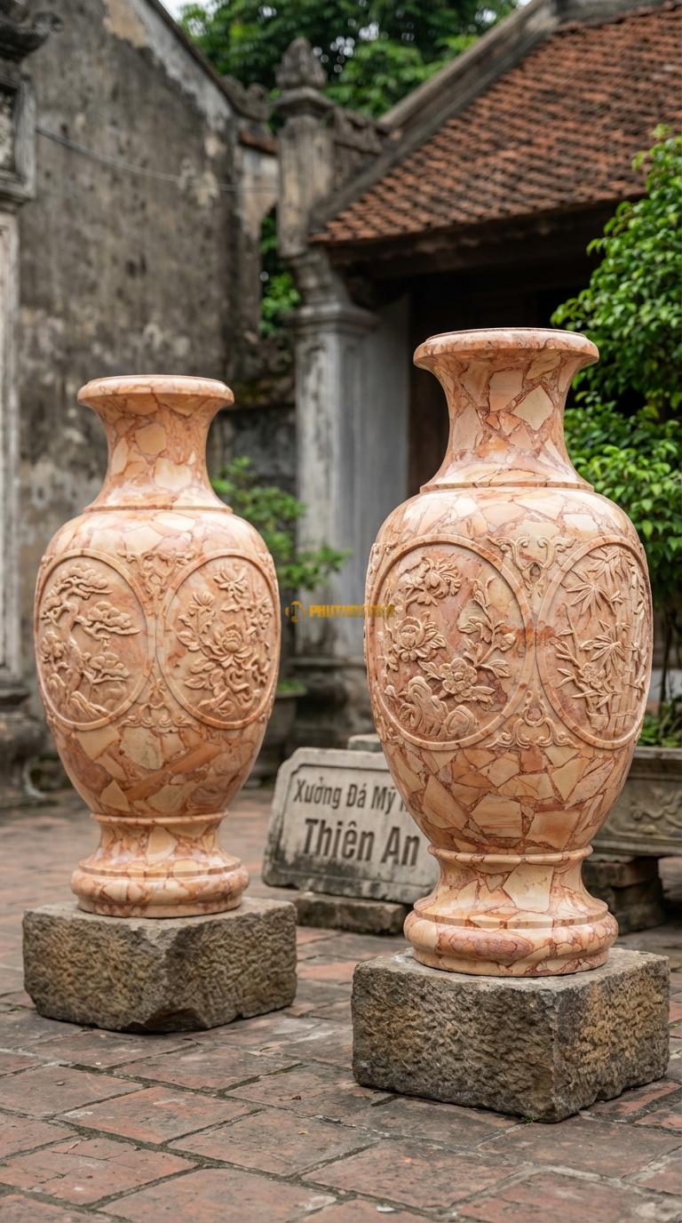 Lục Bình Tứ Quý Đá Hồng Chạm 4 cảnh Tùng – Cúc – Trúc – Mai vòng quanh thân, Kích thước Cao 1m4 x đường kính 38cm
