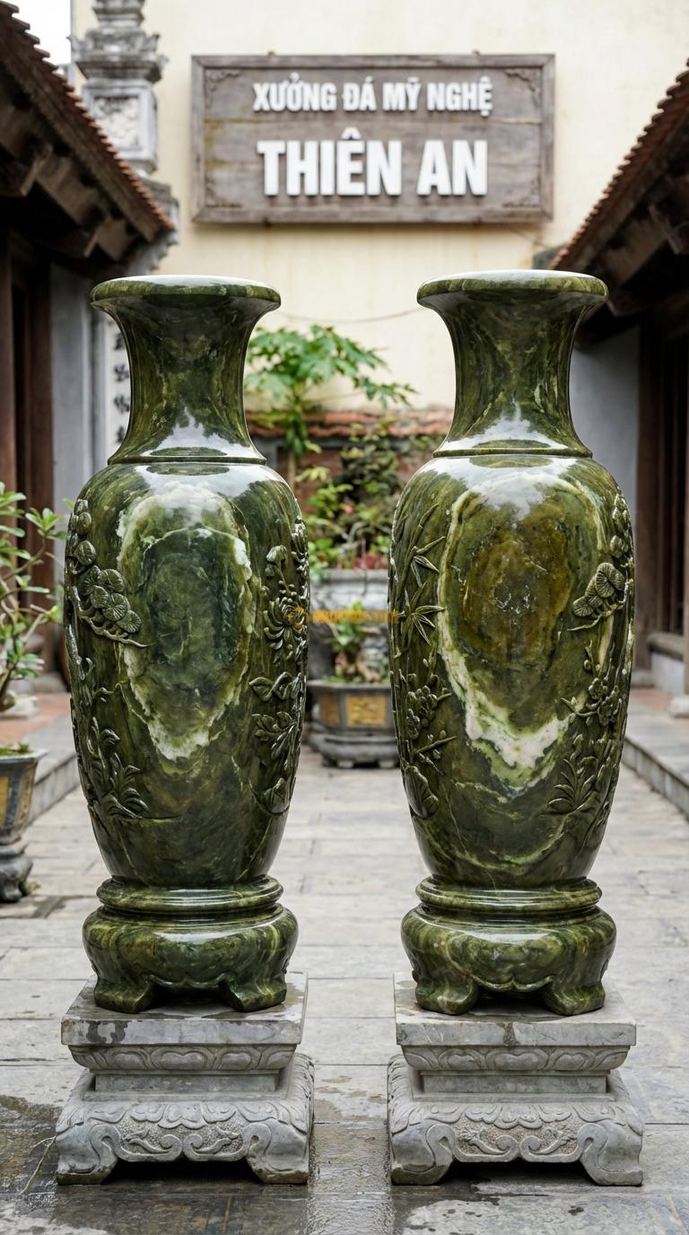 Lục Bình Tứ Quý Đá Serpentine Chạm 4 cảnh Tùng – Cúc – Trúc – Mai vòng quanh thân, Kích thước Cao 1m4 x đường kính 38cm