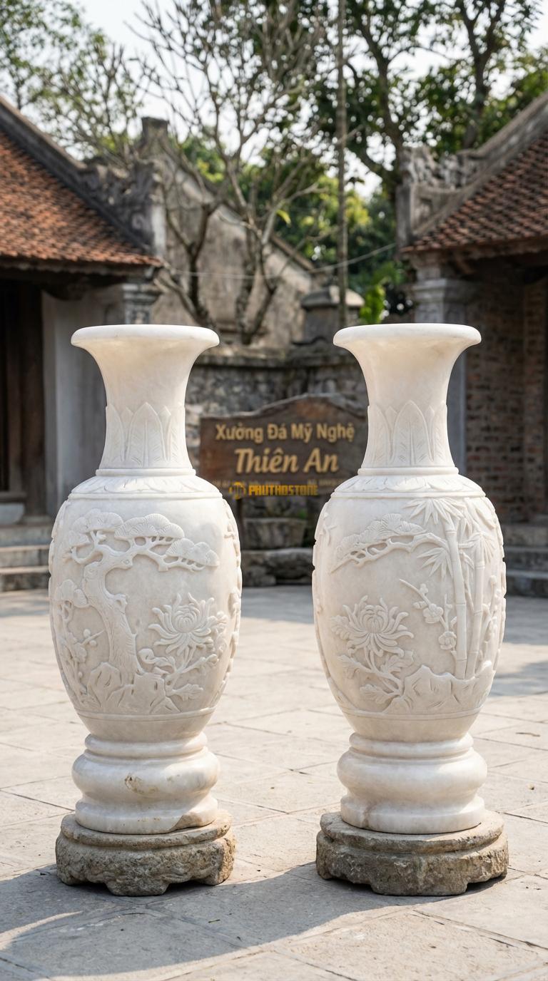 Lục Bình Tứ Quý Đá Trắng Muối Chạm 4 cảnh Tùng – Cúc – Trúc – Mai vòng quanh thân, Kích thước Cao 1m4 x đường kính 38cm