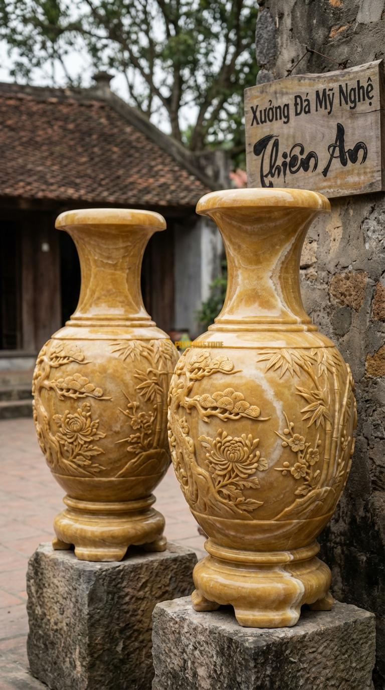 Lục Bình Tứ Quý Ngọc hoàng long Chạm 4 cảnh Tùng – Cúc – Trúc – Mai vòng quanh thân, Kích thước Cao 1m4 x đường kính 38cm
