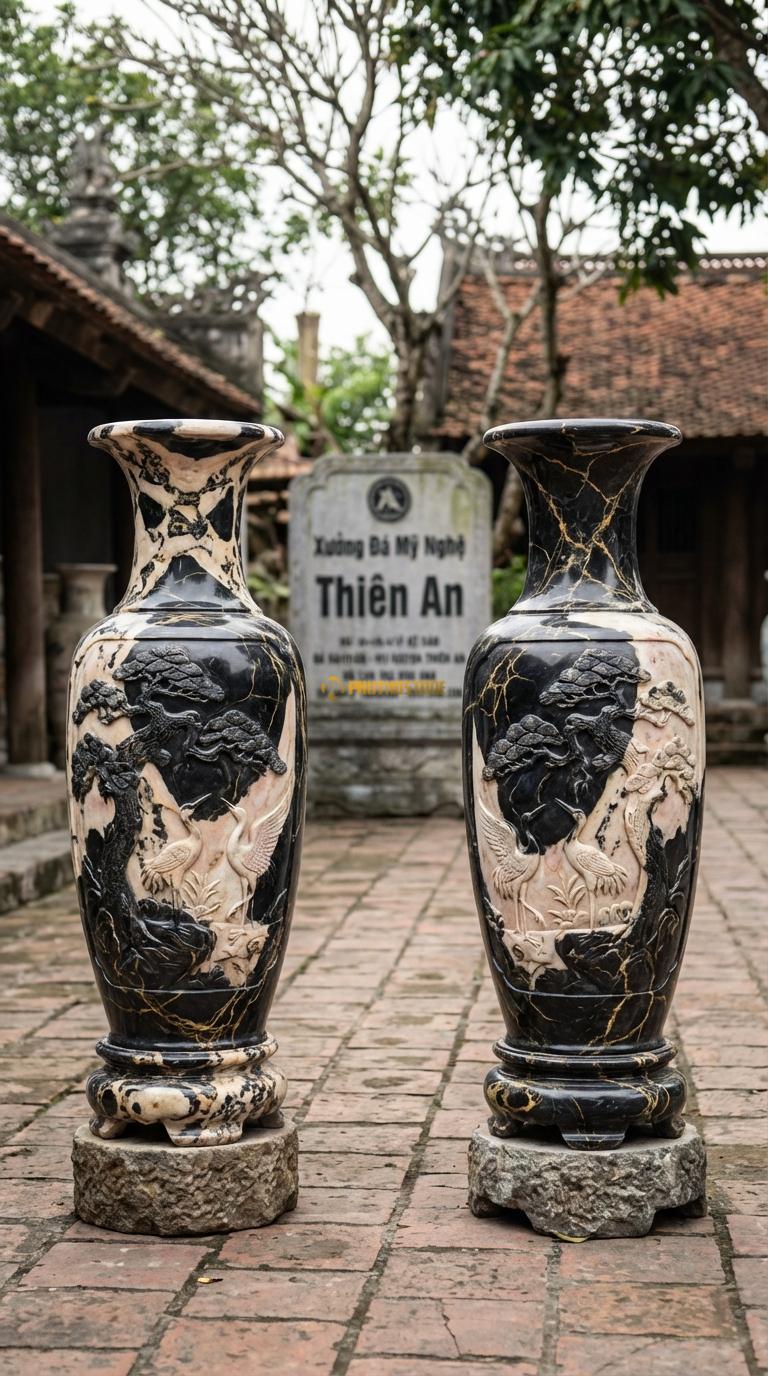 Lục Bình Tùng Hạc Đá Da Báo Chạm cây tùng cổ thụ và chim hạc (Trường thọ), Kích thước Cao 1m5 x đường kính 40cm