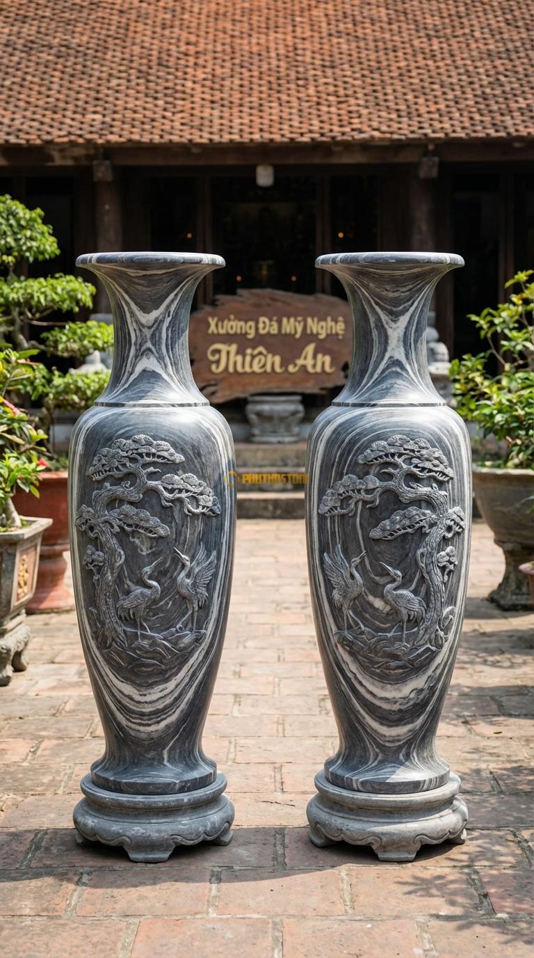 Lục Bình Tùng Hạc Đá Vân Mây Chạm cây tùng cổ thụ và chim hạc (Trường thọ), Kích thước Cao 1m5 x đường kính 40cm