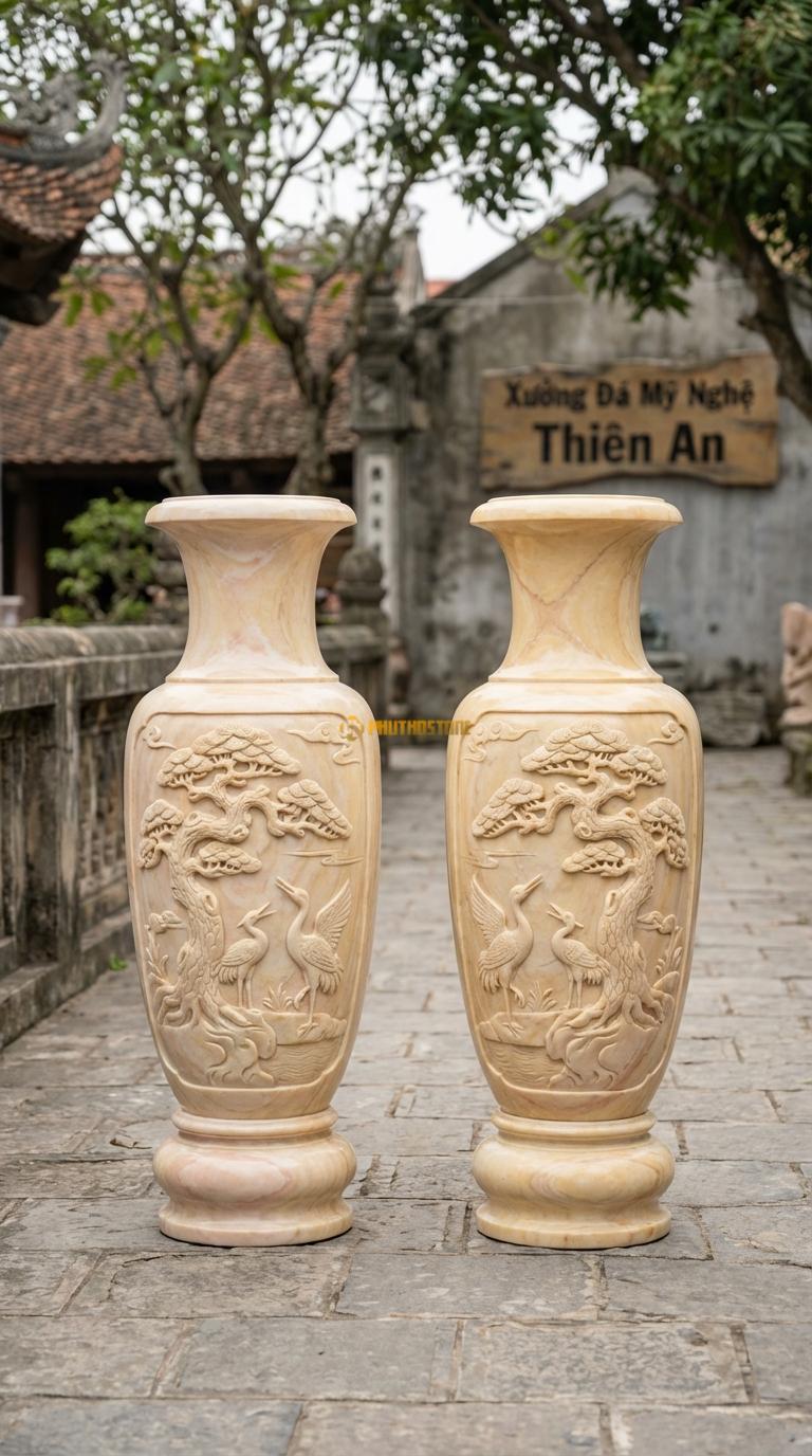 Lục Bình Tùng Hạc Đá Vàng Nghệ An Chạm cây tùng cổ thụ và chim hạc (Trường thọ), Kích thước Cao 1m5 x đường kính 40cm