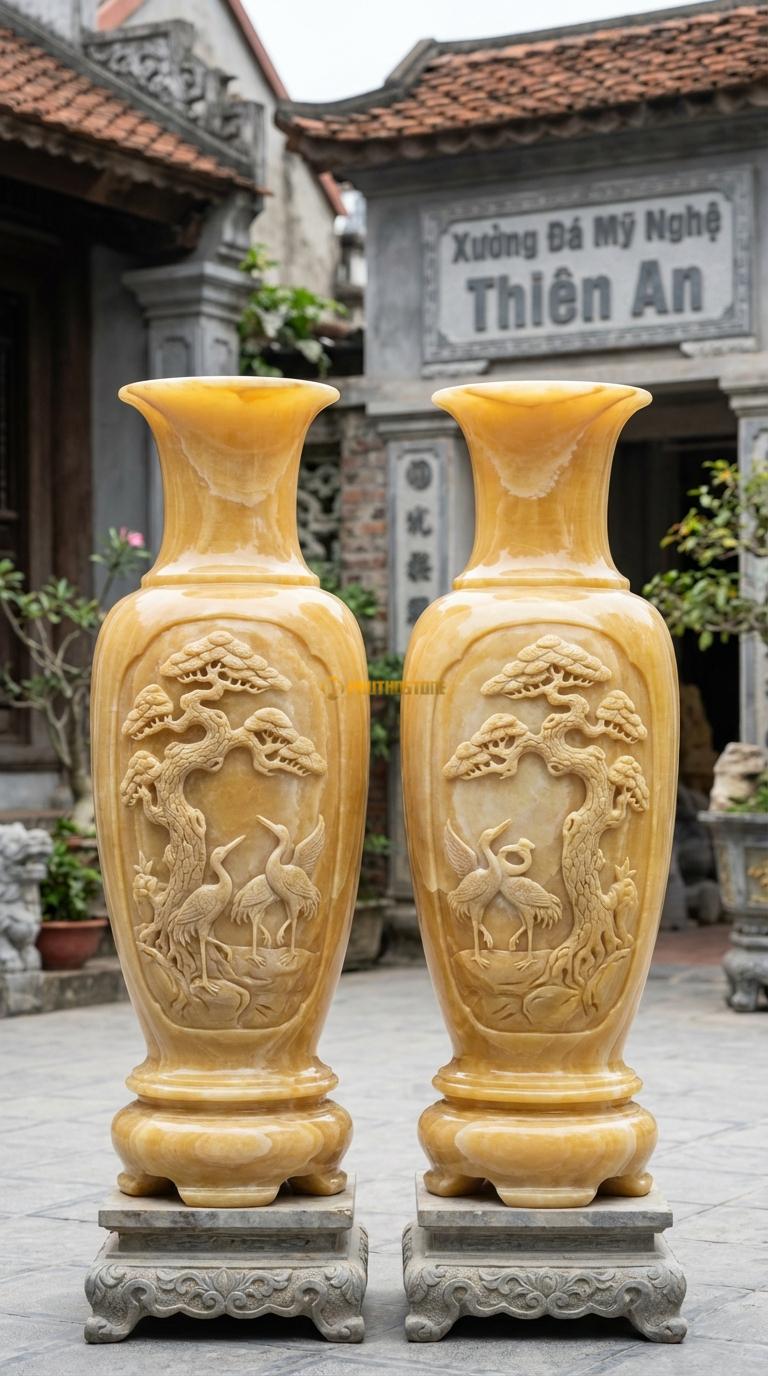 Lục Bình Tùng Hạc Ngọc hoàng long Chạm cây tùng cổ thụ và chim hạc (Trường thọ), Kích thước Cao 1m5 x đường kính 40cm