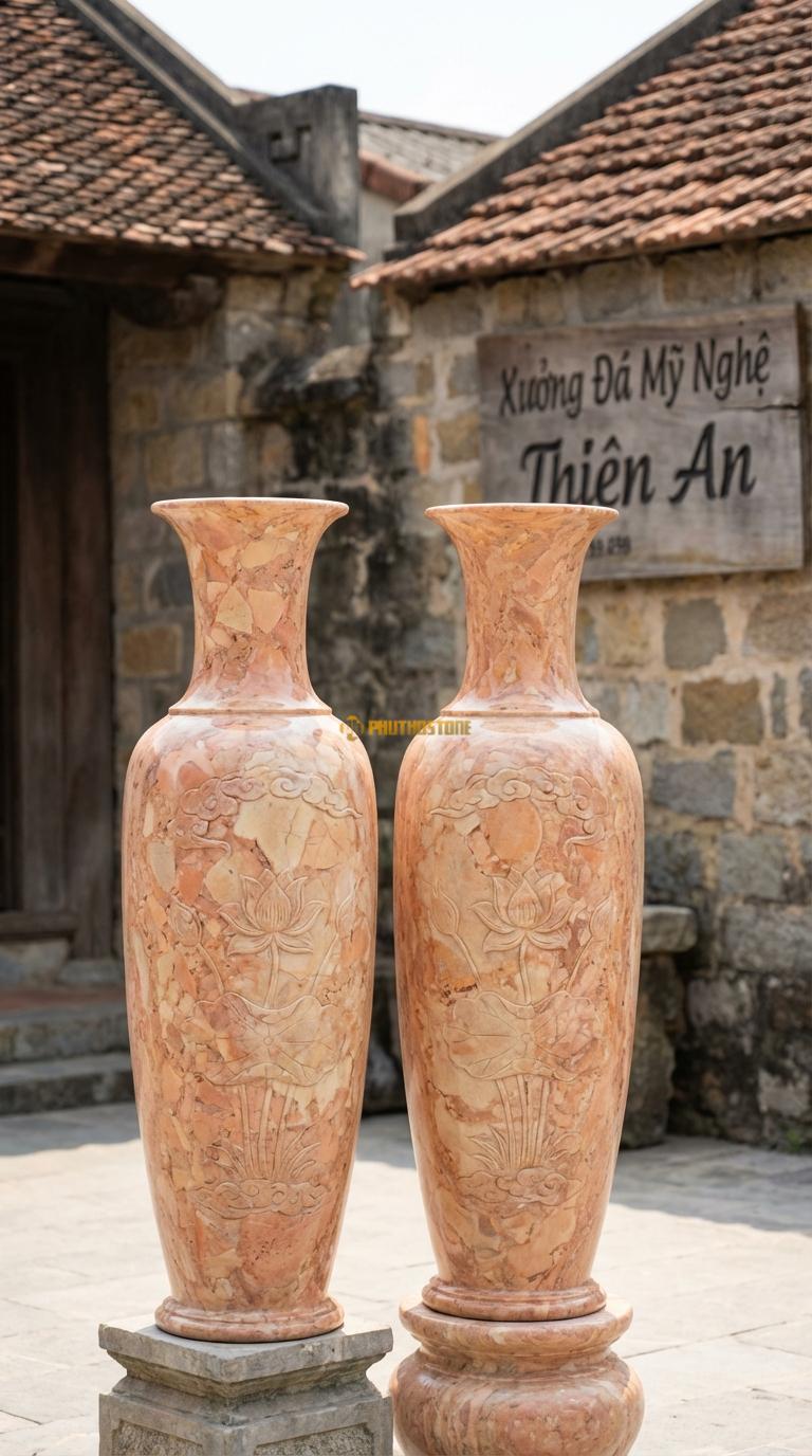 Lục Bình Tỳ Bà Đá Hồng Dáng thon dài, cổ nhỏ, thân thuôn như đàn Tỳ Bà, Kích thước Cao 1m2 x đường kính 32cm