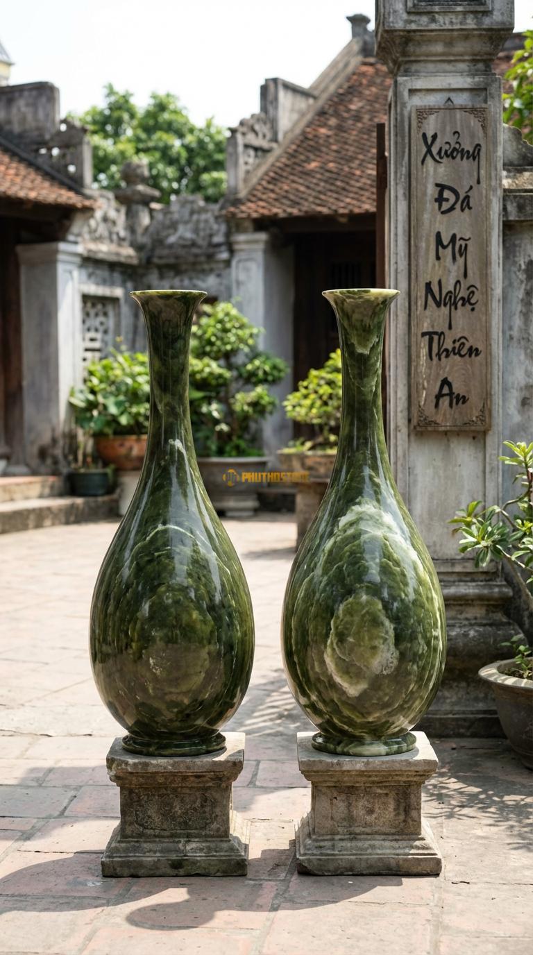 Lục Bình Tỳ Bà Đá Serpentine Dáng thon dài, cổ nhỏ, thân thuôn như đàn Tỳ Bà, Kích thước Cao 1m2 x đường kính 32cm