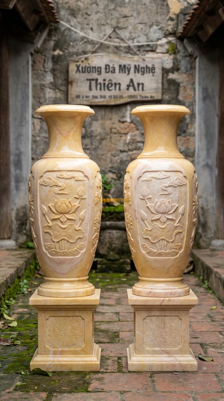 Lục Bình Tỳ Bà Đá Vàng Nghệ An Dáng thon dài, cổ nhỏ, thân thuôn như đàn Tỳ Bà, Kích thước Cao 1m2 x đường kính 32cm