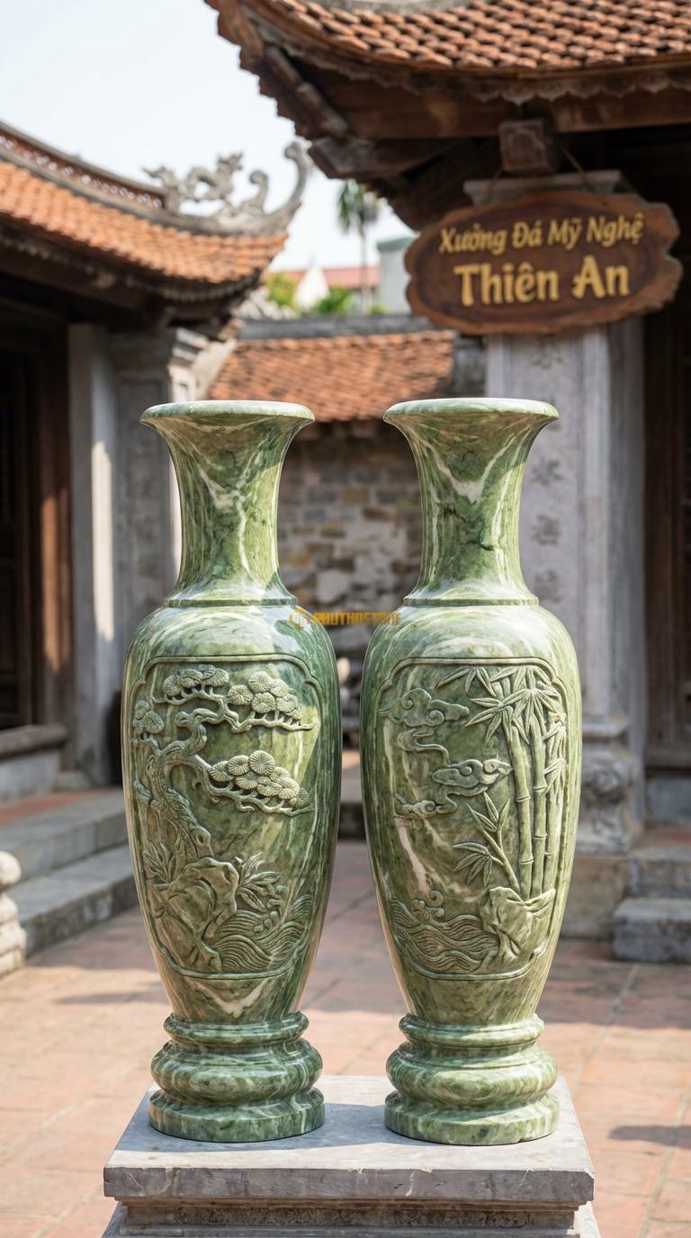 Lục Bình Tỳ Bà Đá Xanh Ấn Dáng thon dài, cổ nhỏ, thân thuôn như đàn Tỳ Bà, Kích thước Cao 1m2 x đường kính 32cm