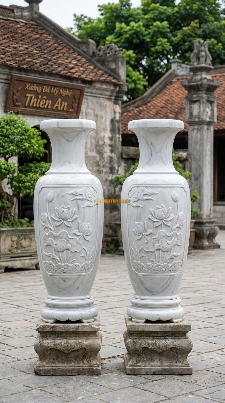 Lục Bình Vân Đối Xứng Đá Trắng Yên Bái Chế tác từ 1 khối đá xẻ đôi để 2 bình có vân đối nhau, Kích thước Cao 1m5 x đường kính 40cm