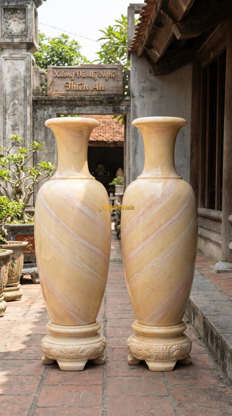 Lục Bình Vân Đối Xứng Đá Vàng Nghệ An Chế tác từ 1 khối đá xẻ đôi để 2 bình có vân đối nhau, Kích thước Cao 1m5 x đường kính 40cm