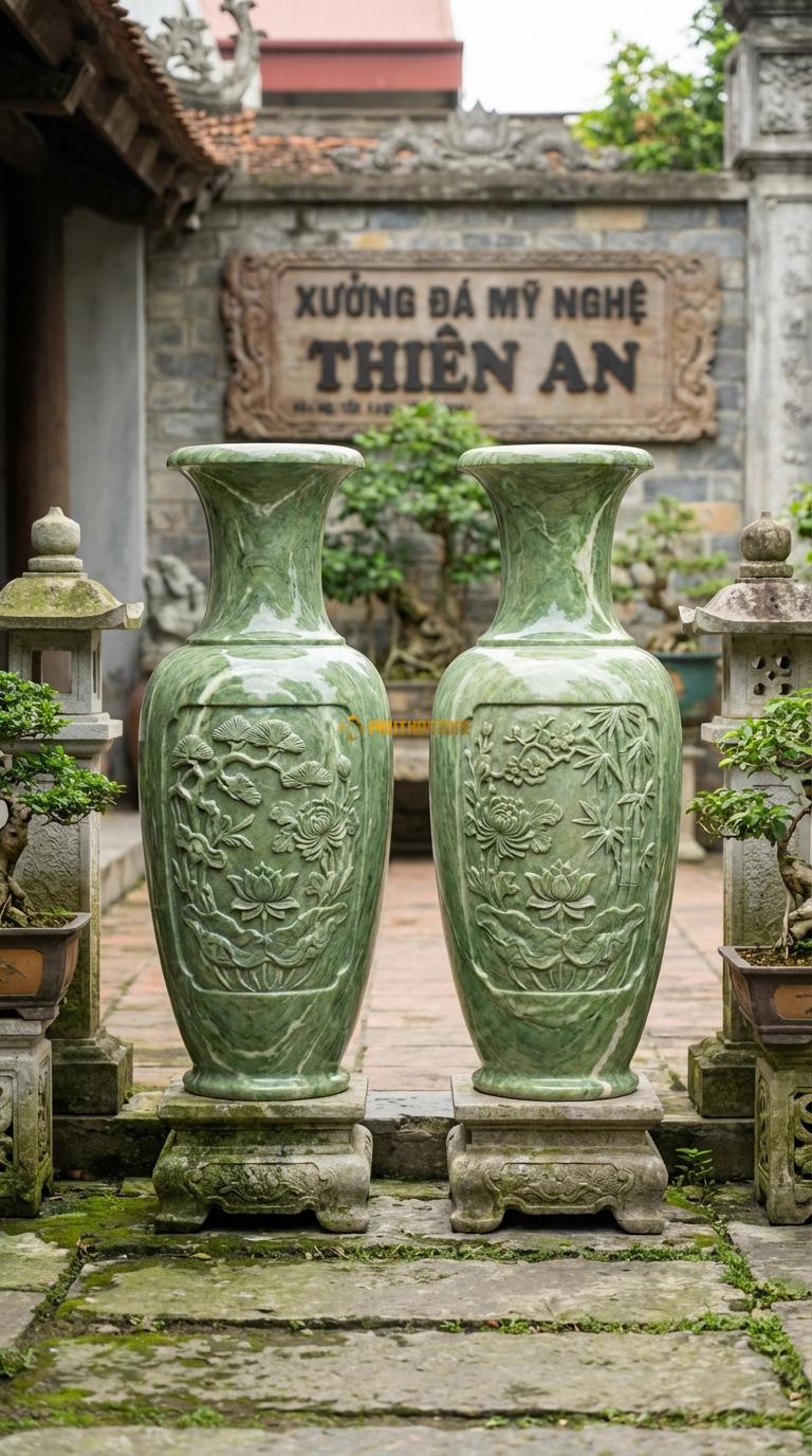 Lục Bình Vân Đối Xứng Đá Xanh Ấn Chế tác từ 1 khối đá xẻ đôi để 2 bình có vân đối nhau, Kích thước Cao 1m5 x đường kính 40cm