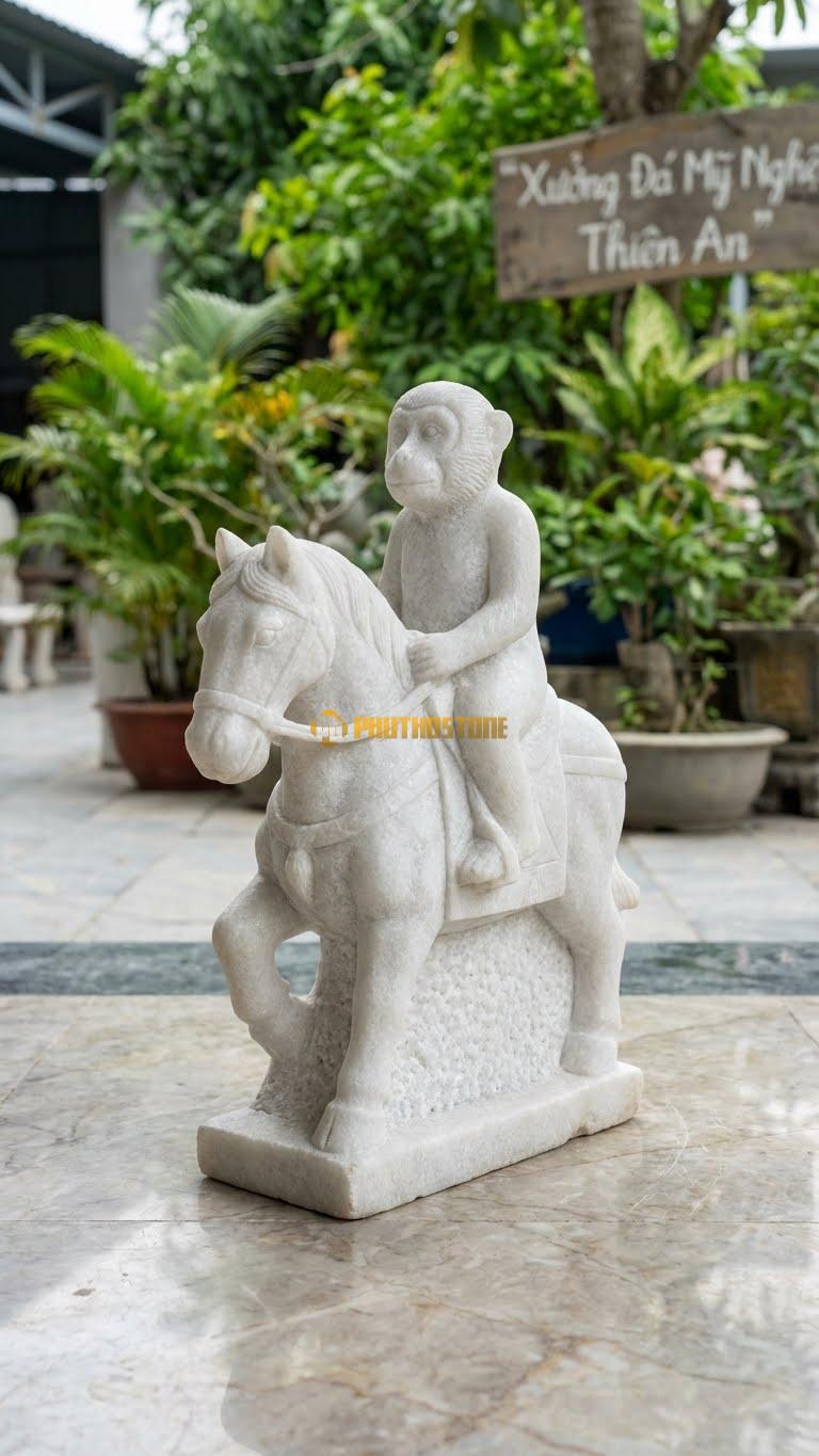 Mã Thượng Phong Hầu Bằng Đá Trắng Muối, Kiểu Dáng Khỉ Ngồi Trên Lưng Ngựa. Kích Thước Cao 40cm.