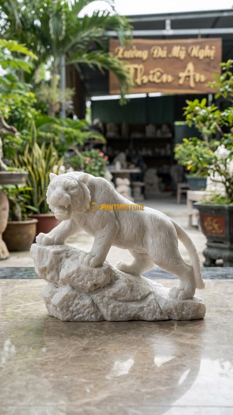 Mãnh Hổ Hạ Sơn (Xuống Núi) Bằng Đá Trắng Muối, Kiểu Dáng Đi Săn, Uy Quyền. Kích Thước Cao 40cm.