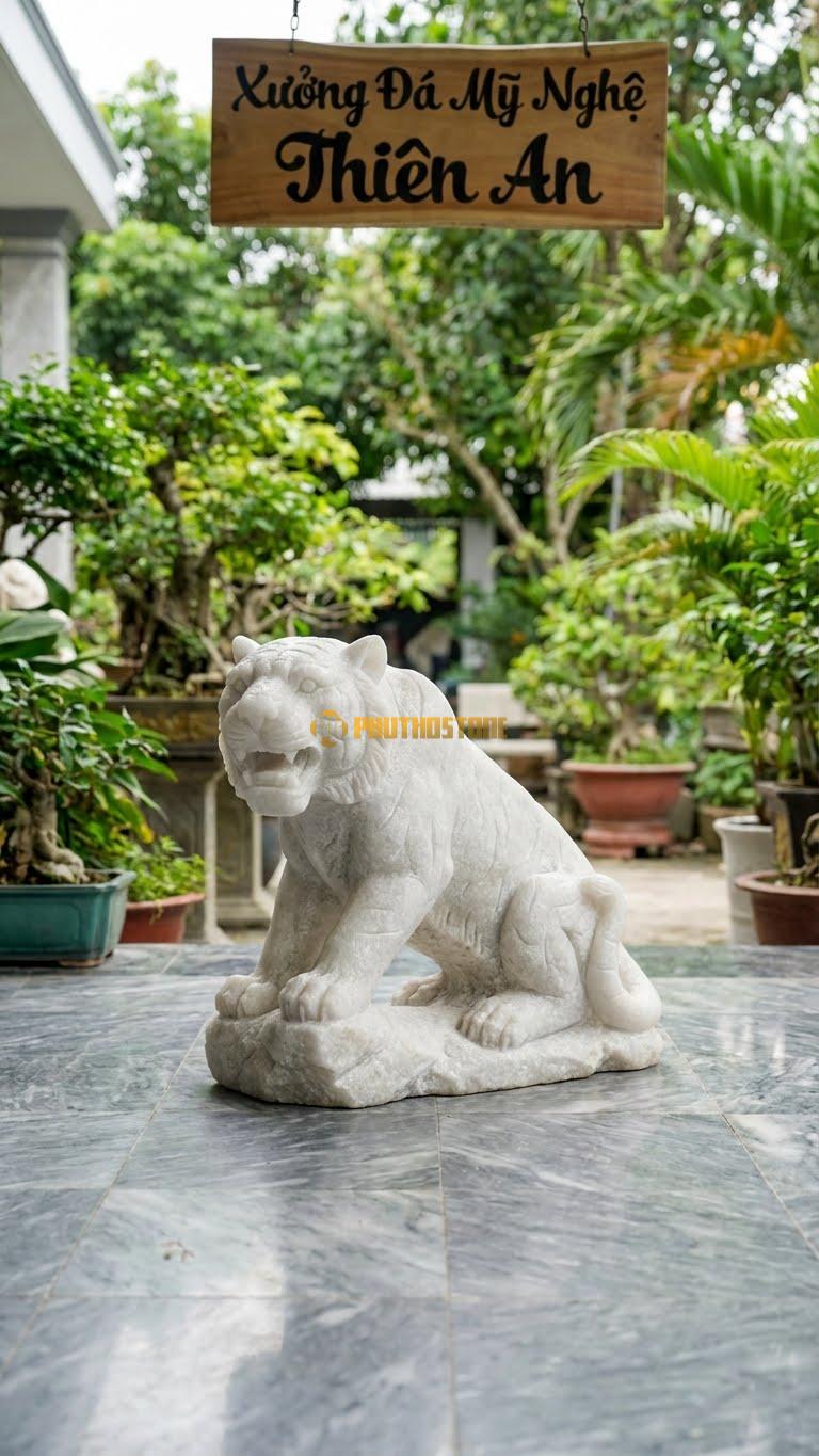 Mãnh Hổ Hạ Sơn (Xuống Núi) Bằng Đá Trắng Muối, Kiểu Dáng Đi Săn, Uy Quyền. Kích Thước Cao 40cm.
