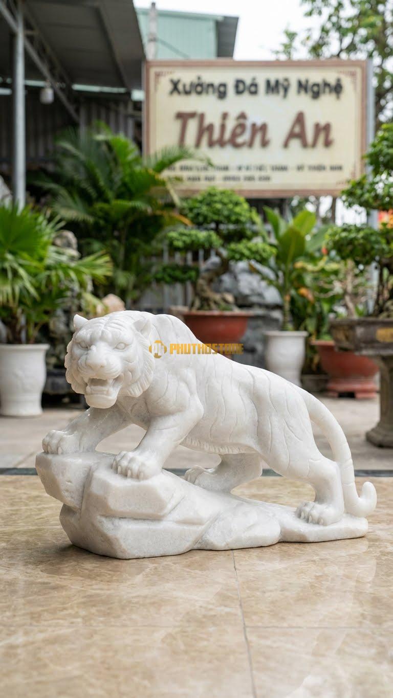 Mãnh Hổ Hạ Sơn (Xuống Núi) Bằng Đá Trắng Muối, Kiểu Dáng Đi Săn, Uy Quyền. Kích Thước Cao 40cm.