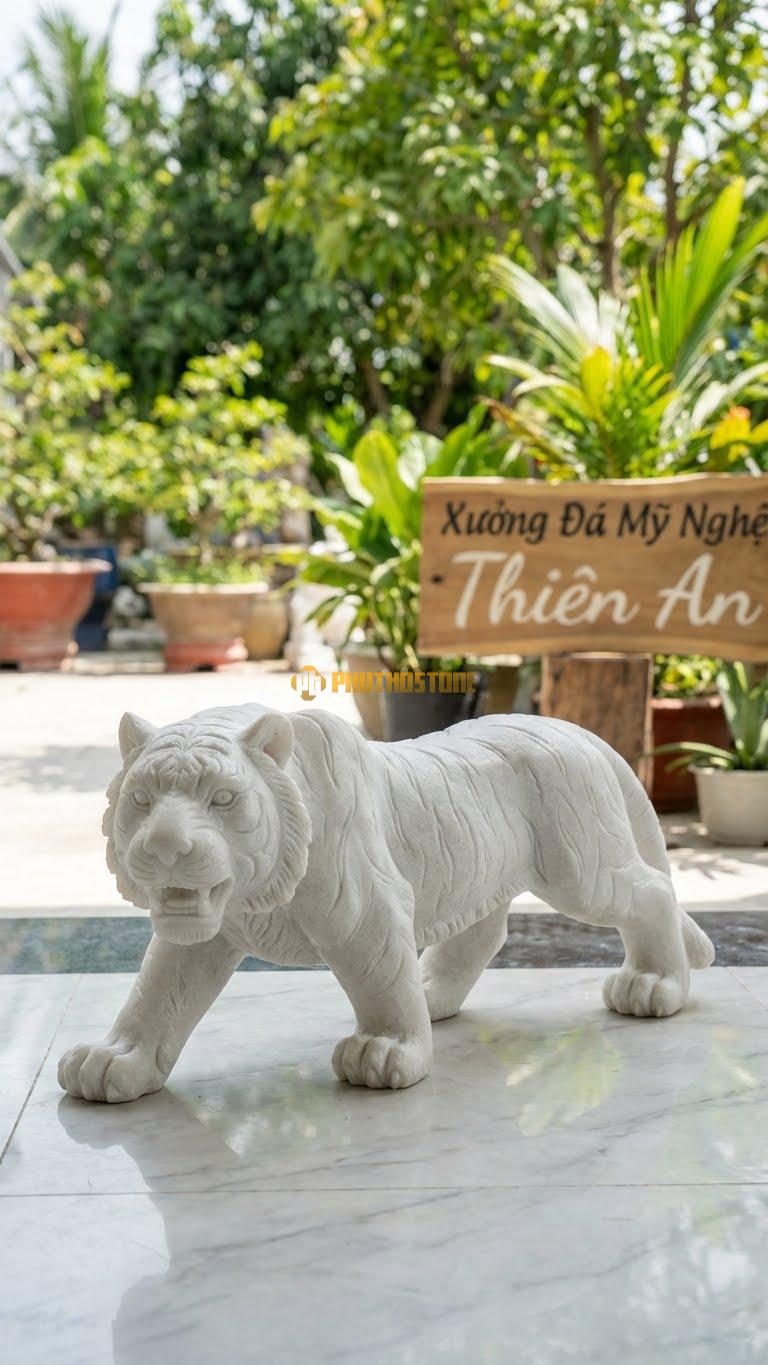 Mãnh Hổ Hạ Sơn (Xuống Núi) Bằng Đá Trắng Muối, Kiểu Dáng Đi Săn, Uy Quyền. Kích Thước Cao 40cm.