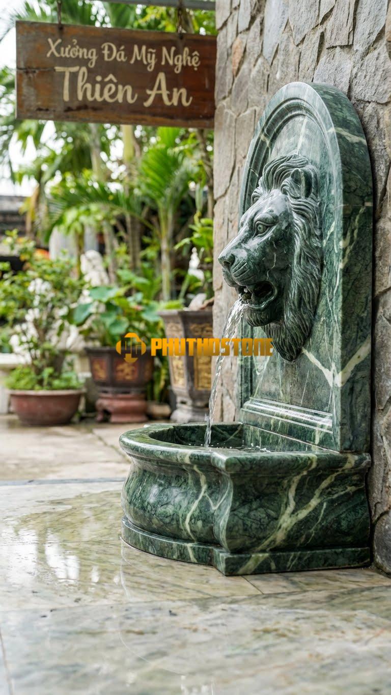 Mặt Nạ Sư Tử Gắn Tường Hồ Bơi 40cm x 50cm. Chất Liệu Đá Xanh Ấn