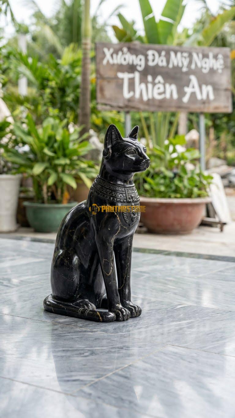 Mèo Ai Cập (Bastet) Bằng Đá Đen Chỉ Nâu, Kiểu Dáng Dáng Ngồi Thẳng, Đeo Trang Sức. Kích Thước Cao 30cm.
