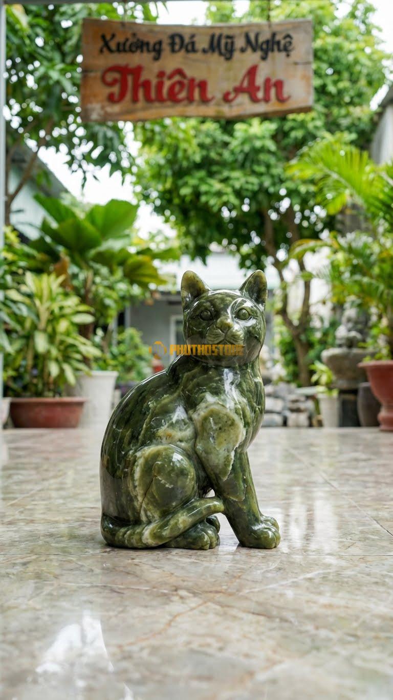 Mèo Bắt Cá Bằng Đá Serpentine, Kiểu Dáng Kích Thước Cao 28cm.