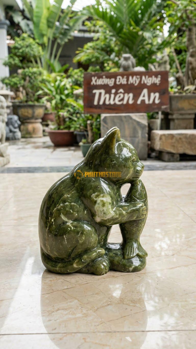 Mèo Bắt Cá Bằng Đá Serpentine, Kiểu Dáng Kích Thước Cao 28cm.