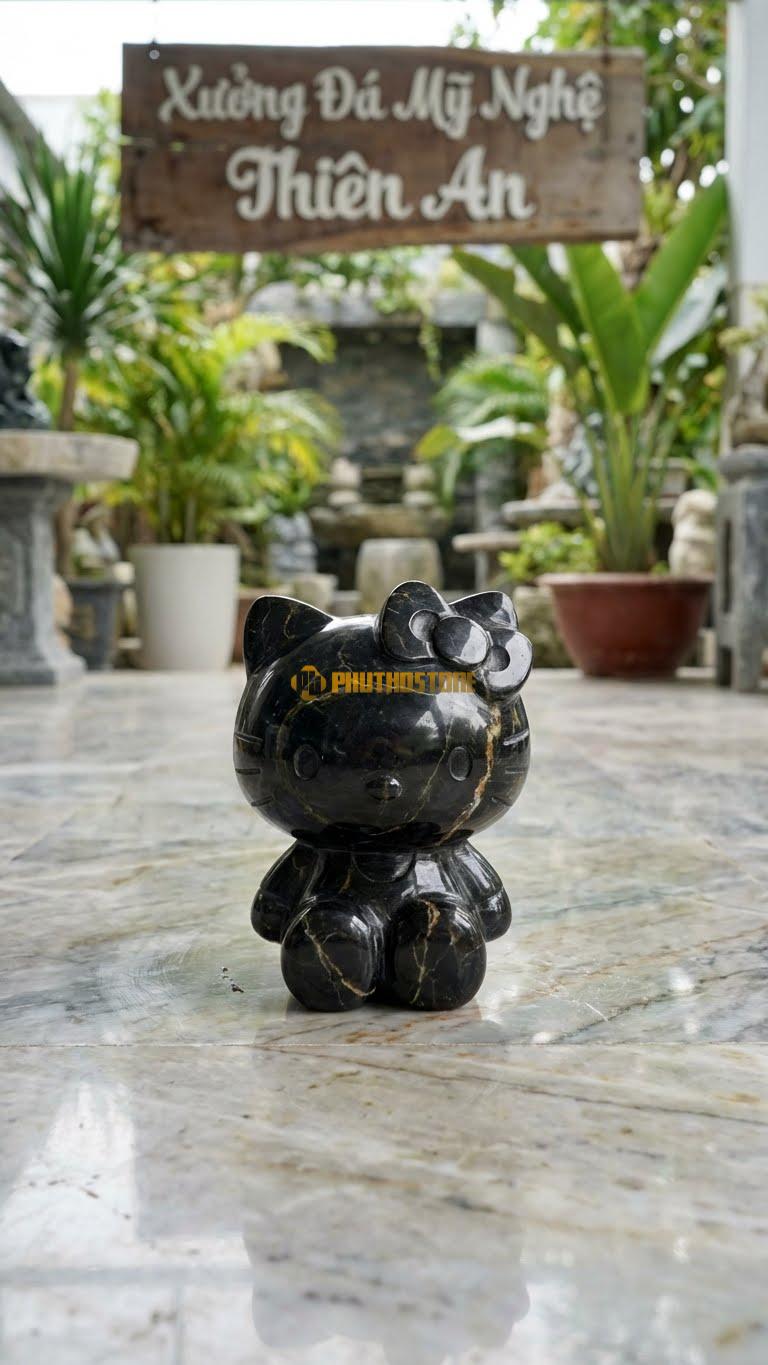 Mèo Hello Kitty Đá Bằng Đá Đen Chỉ Nâu, Kiểu Dáng Dành Cho Khách Nữ/Trẻ Em. Kích Thước Cao 15cm.