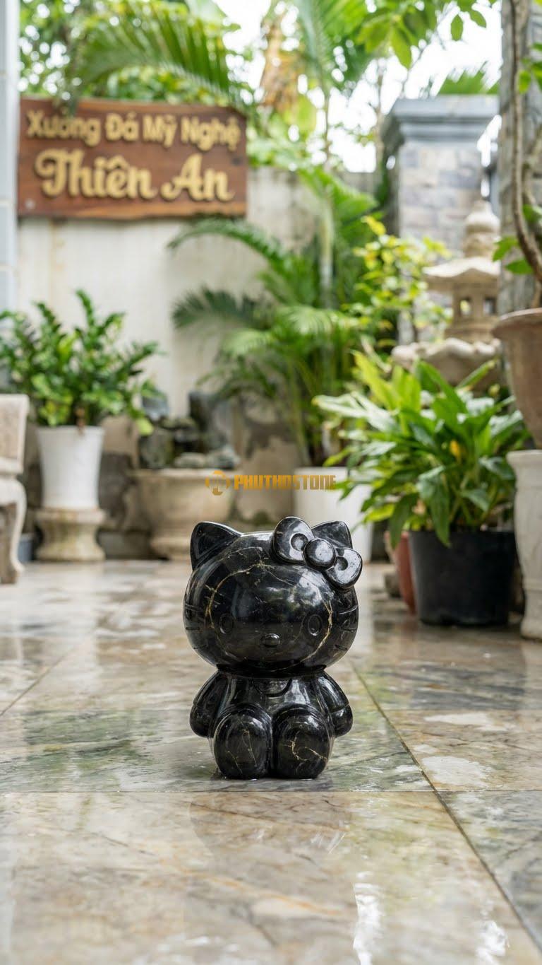 Mèo Hello Kitty Đá Bằng Đá Đen Chỉ Nâu, Kiểu Dáng Dành Cho Khách Nữ/Trẻ Em. Kích Thước Cao 15cm.