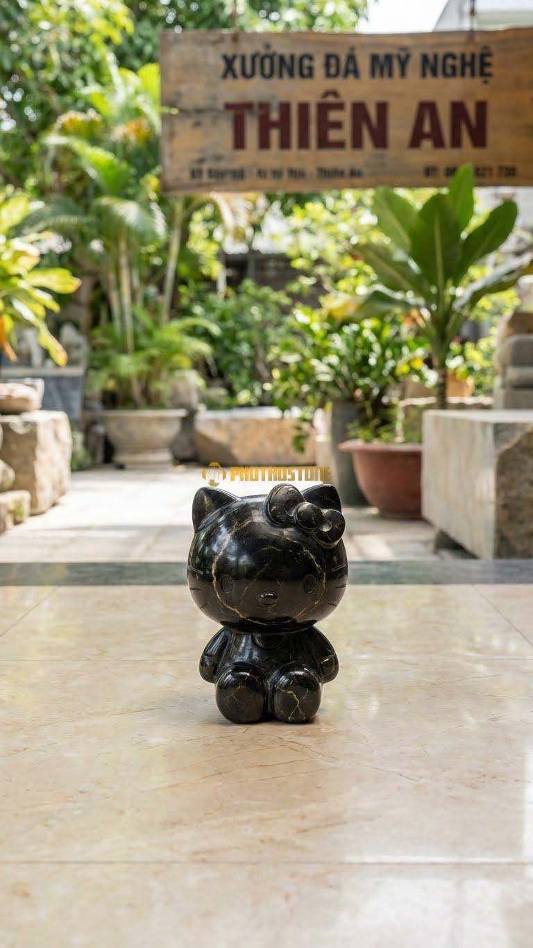 Mèo Hello Kitty Đá Bằng Đá Đen Chỉ Nâu, Kiểu Dáng Dành Cho Khách Nữ/Trẻ Em. Kích Thước Cao 15cm.