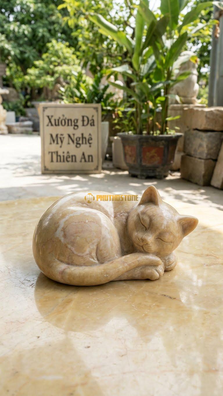 Mèo Nằm Lười Bằng Đá Vàng Nghệ An, Kiểu Dáng Dáng Cuộn Tròn Ngủ. Kích Thước Đk 20cm.