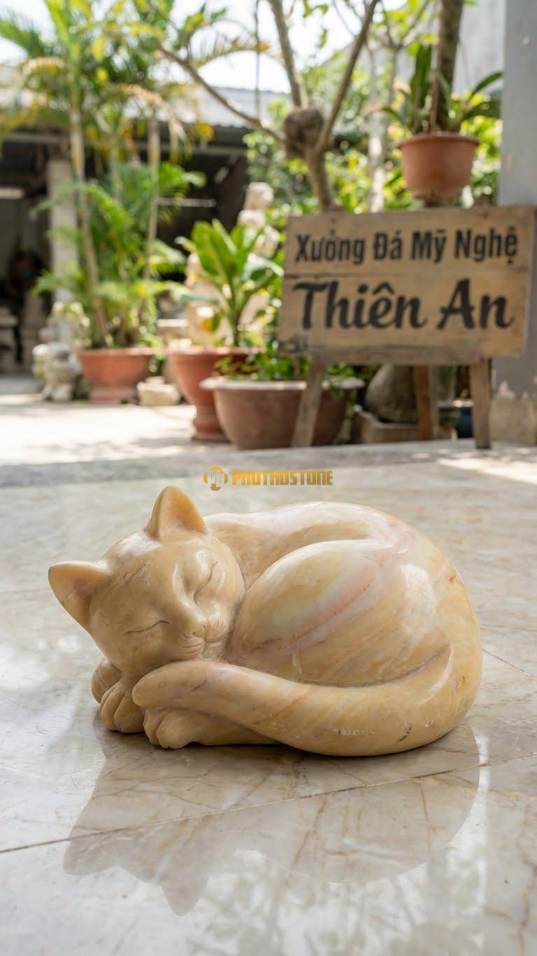 Mèo Nằm Lười Bằng Đá Vàng Nghệ An, Kiểu Dáng Dáng Cuộn Tròn Ngủ. Kích Thước Đk 20cm.