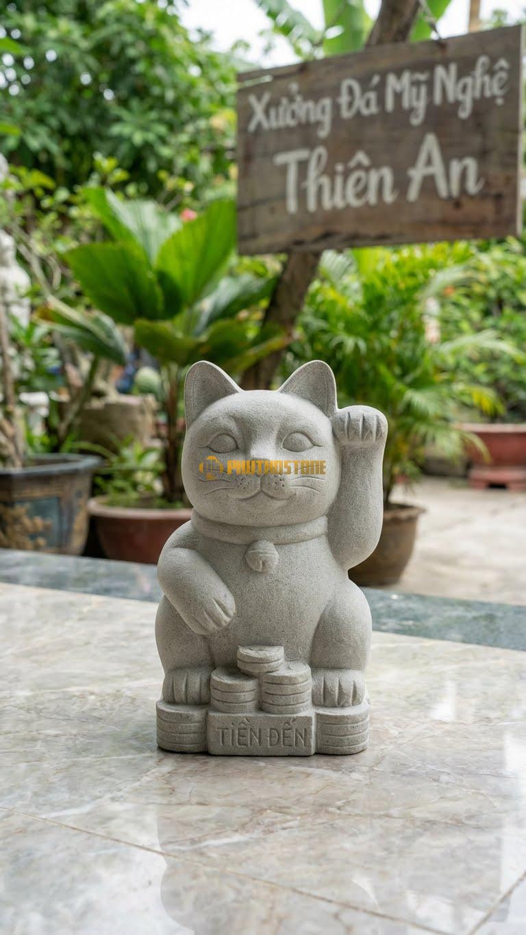 Mèo Thần Tài (Vẫy Tay Phải) Bằng Đá Sa Thạch, Kiểu Dáng Tiền Đến. Kích Thước Cao 20cm.