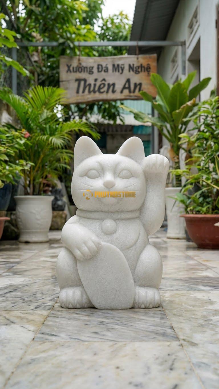 Mèo Thần Tài (Vẫy Tay Trái) Bằng Đá Trắng Muối, Kiểu Dáng Khách Đến. Kích Thước Cao 20cm.