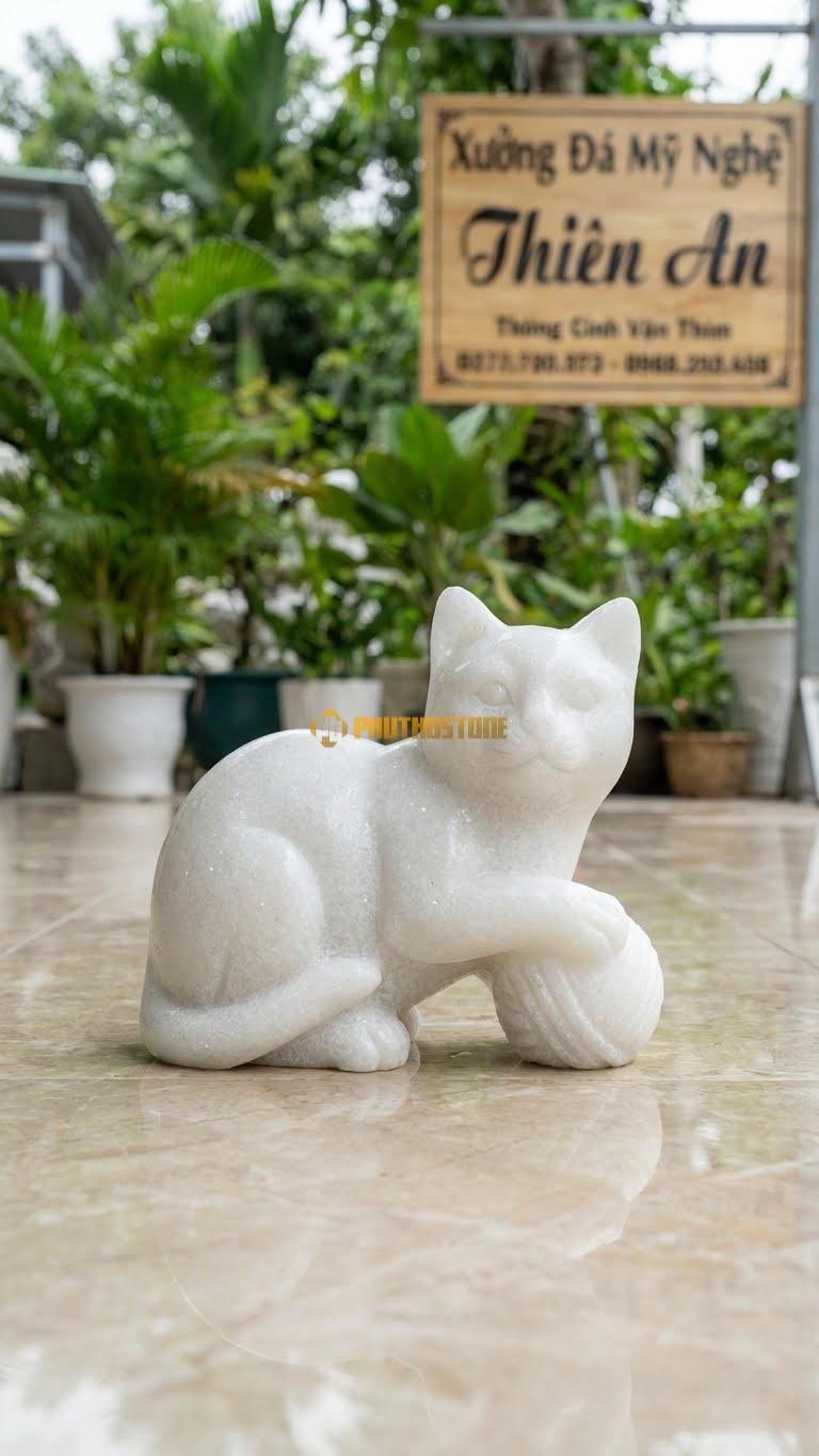 Mèo Vờn Cuộn Len Bằng Đá Trắng Muối, Kiểu Dáng Kích Thước Dài 25cm.