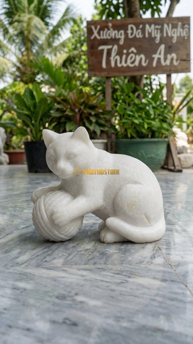 Mèo Vờn Cuộn Len Bằng Đá Trắng Muối, Kiểu Dáng Kích Thước Dài 25cm.