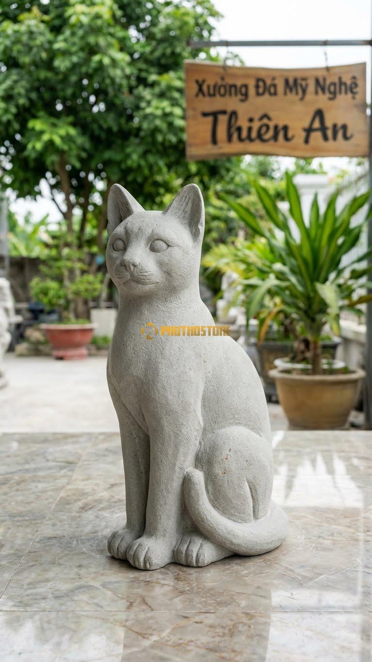 Mèo Xiêm Quý Tộc Bằng Đá Sa Thạch, Kiểu Dáng Dáng Ngồi Kiêu Sa. Kích Thước Cao 35cm.